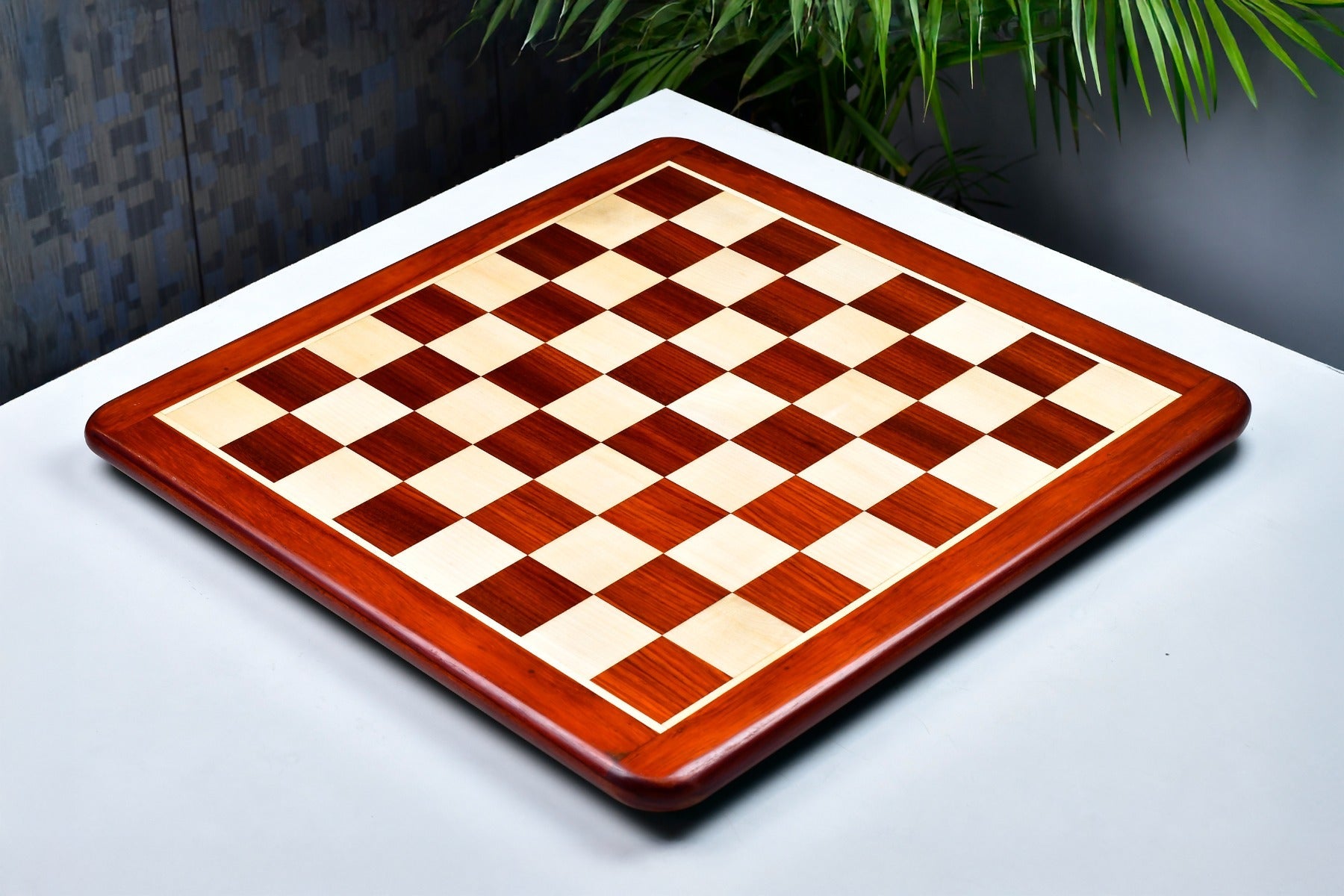 Blood red bud rosewood and maple chess board, 53cm with 55mm squares