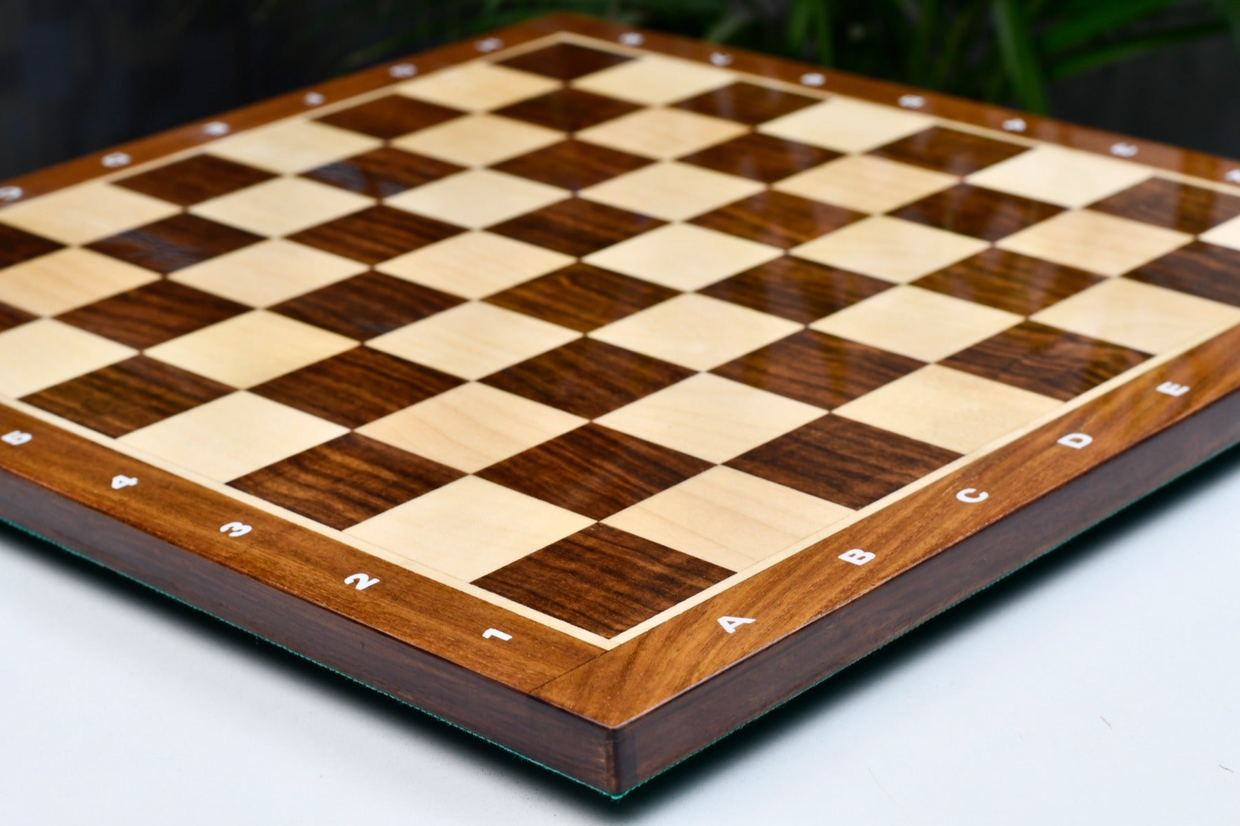 Sheesham and maple 14.5 inch notation chess board from above
