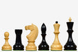 Reproduction 1930s Leningrad Schoolboy ebonised and boxwood chess pieces with 106mm king