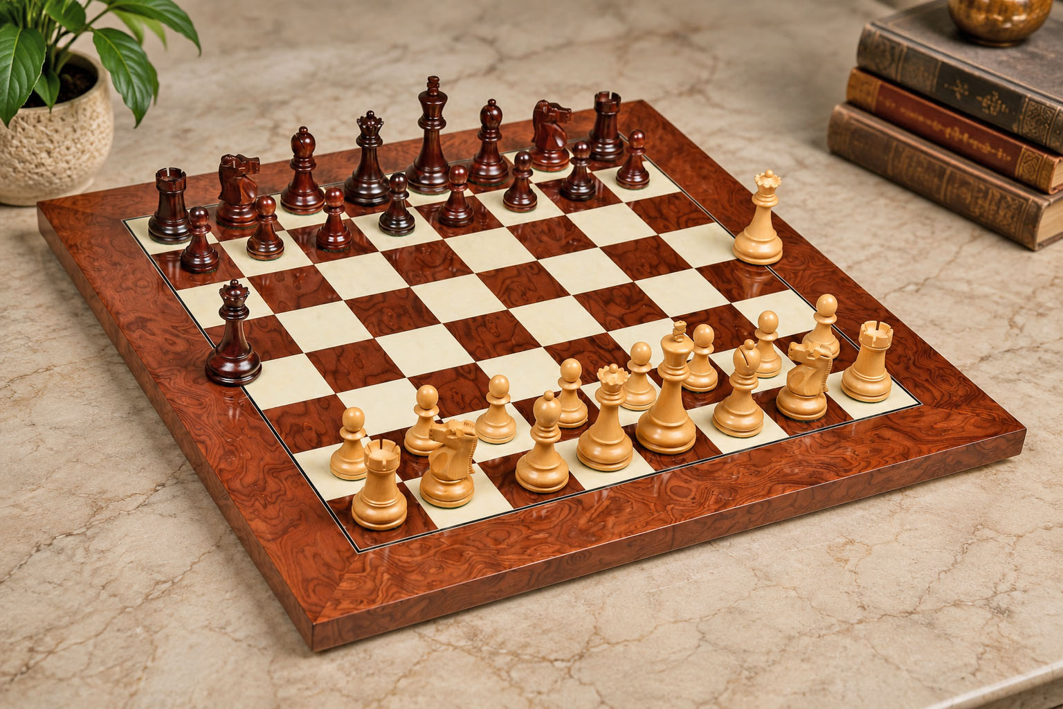 Sterling Chess 1972 Fischer Spassky Low Knight chess set in bud rosewood and boxwood, 96mm king
