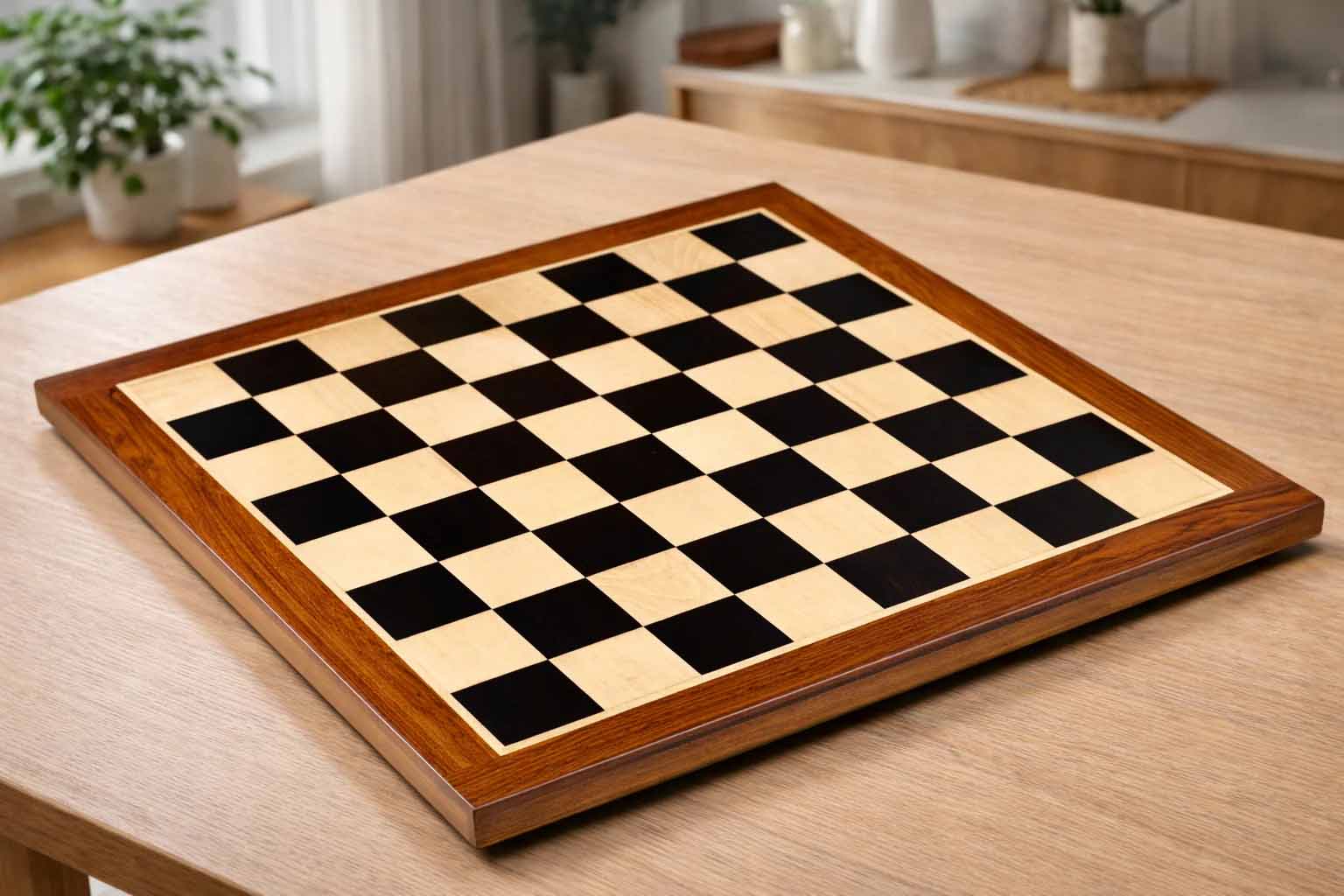 Ebony and maple chess board with a sheesham border, 48cm with 50mm squares