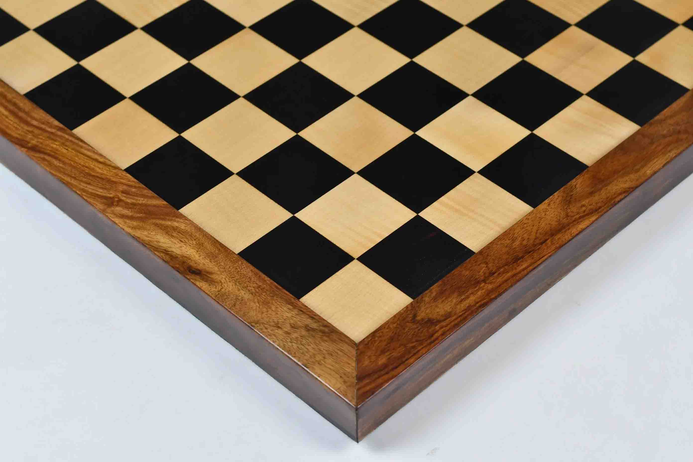 Ebony and maple chess board with sheesham frame, from above