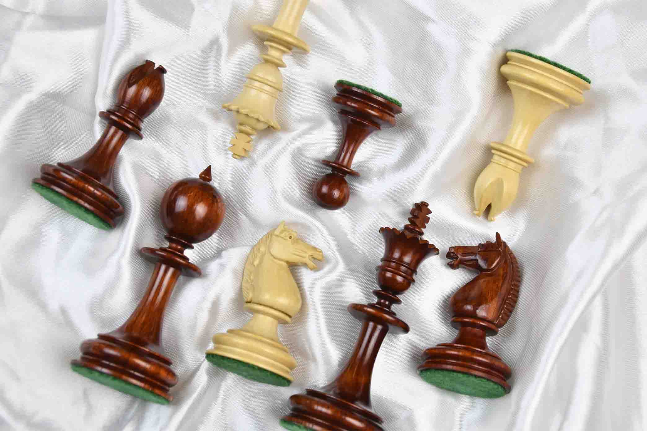 Knight carving detail on the William Hamlett chess pieces in bud rosewood and boxwood