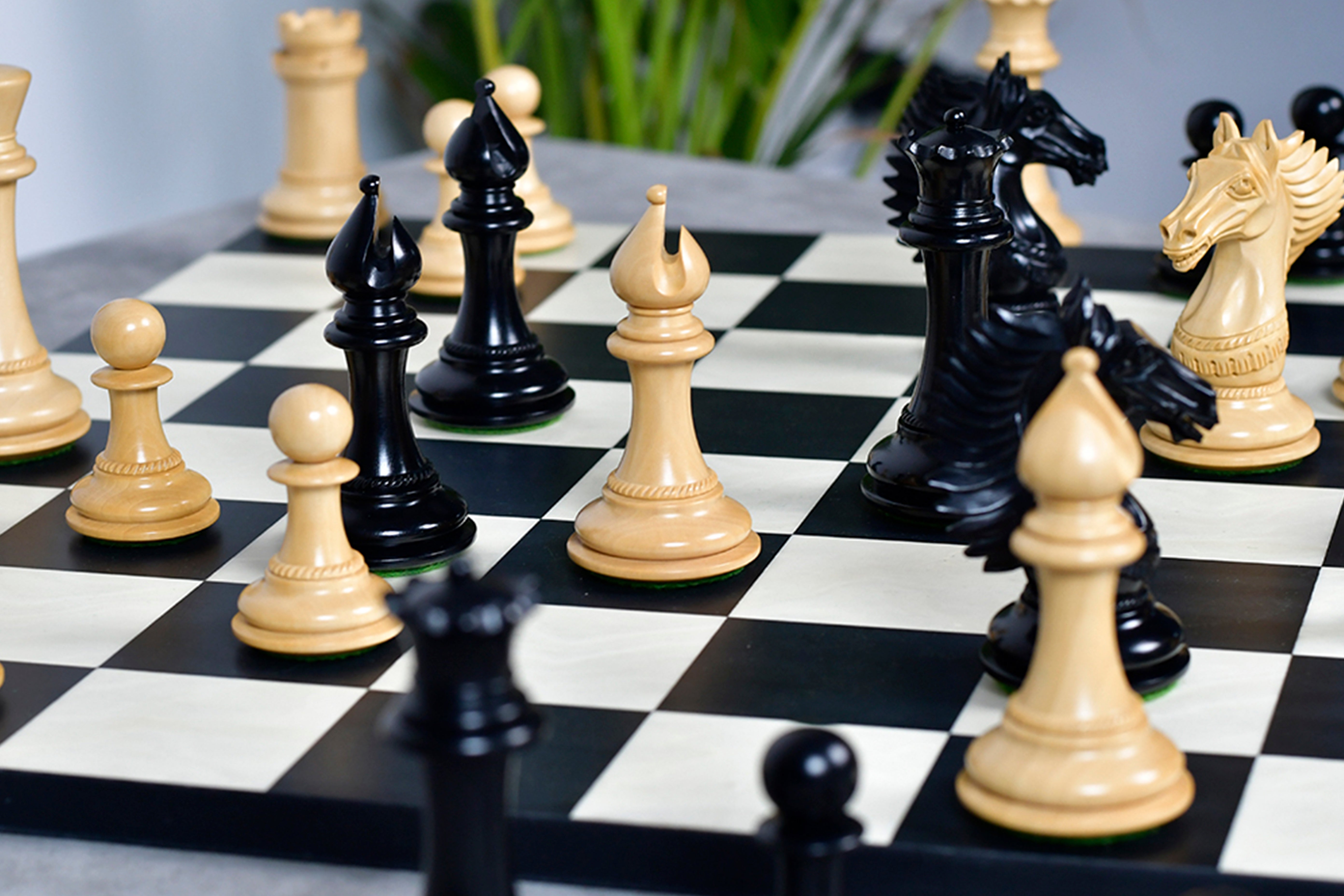 Full 34 piece CB Mustang Series chess pieces in genuine ebony and boxwood, Sterling Chess Australia