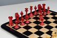 1950s Soviet Latvian wooden chess pieces, 106mm king, stained crimson finish
