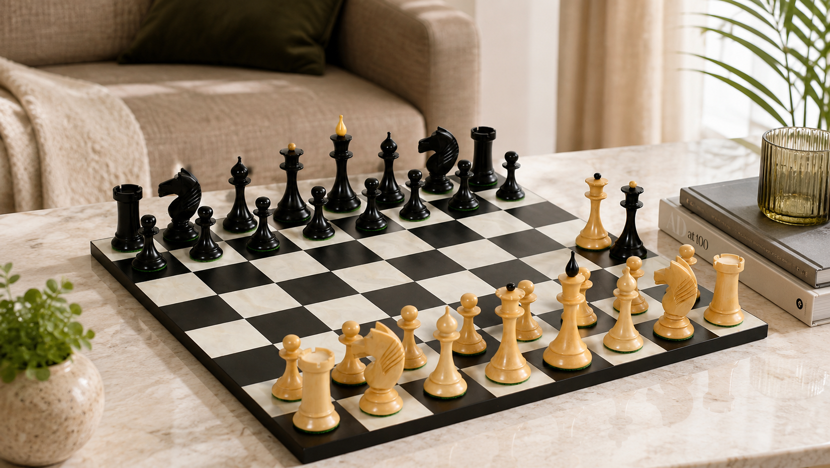 1950s Soviet Latvian Ebonised & Natural chess pieces, weighted with green felt bases