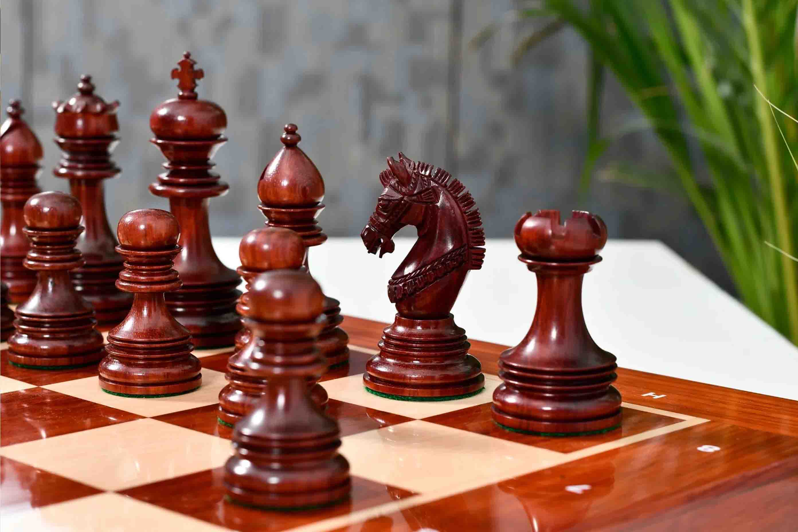 Indian Chetak II chess pieces, bud rosewood and boxwood, hand carved in India