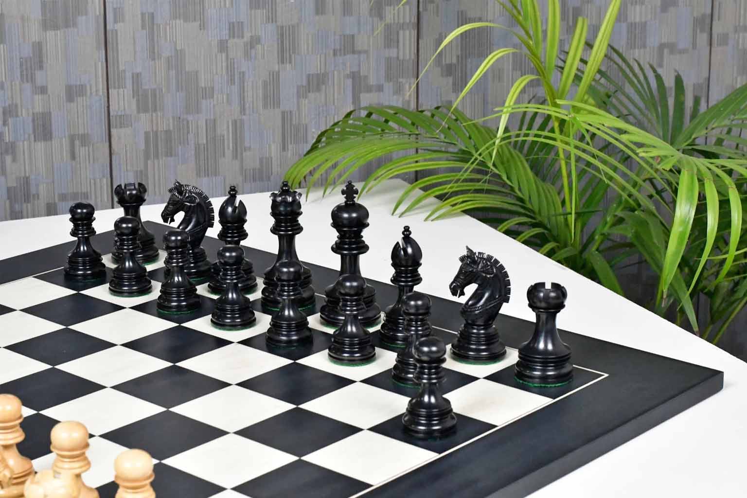 Indian Chetak II chess pieces with a 109mm king in genuine ebony and boxwood