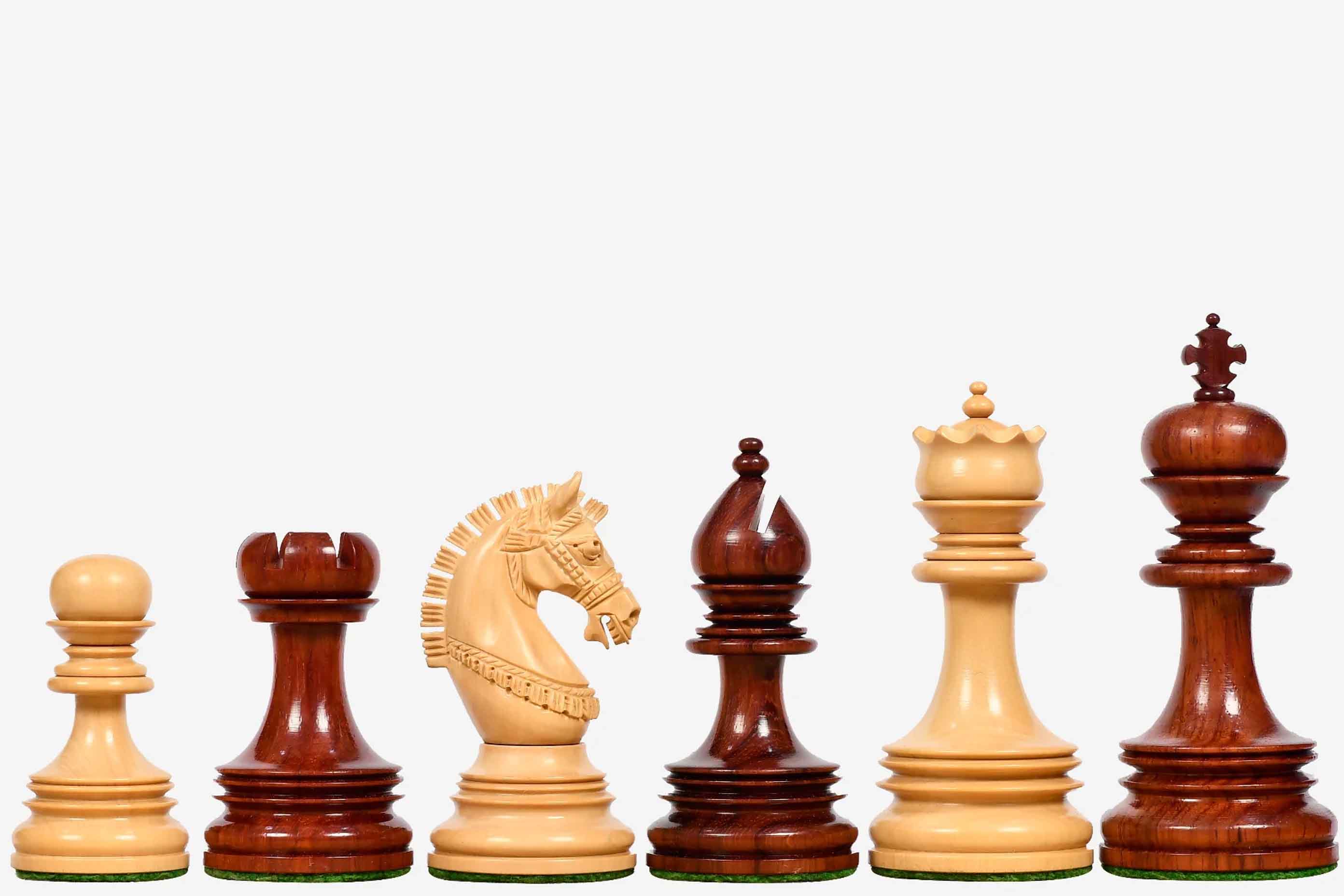 Sterling Chess Indian Chetak II chess pieces in bud rosewood and boxwood, 109mm king