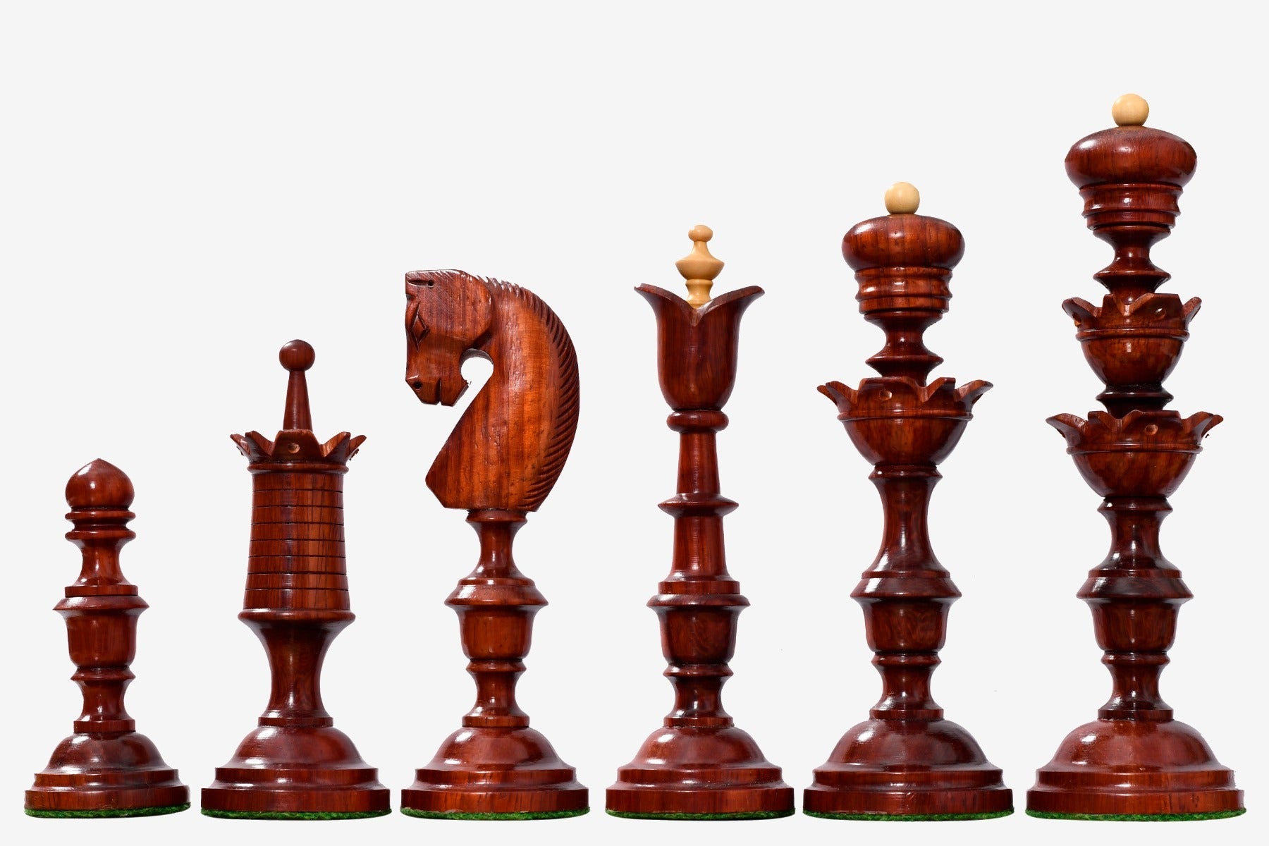 Reproduction Bud Rosewood chess pieces, 151mm king