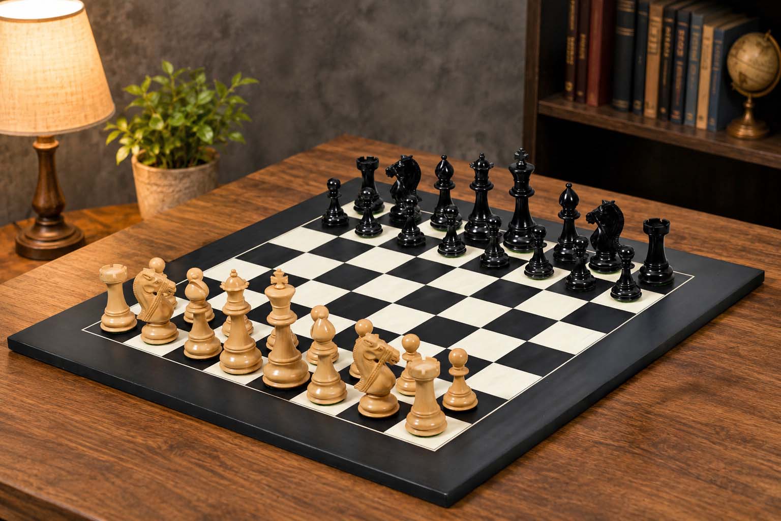 Noble Bridle Series chess set in ebony and boxwood with a 60cm black anigre and maple board