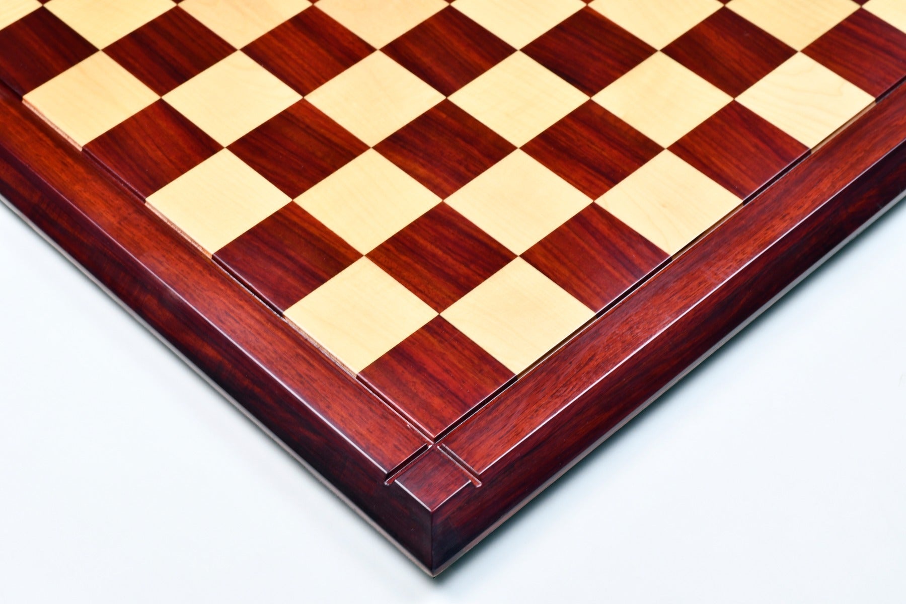 Deluxe hi-gloss bud rosewood and maple chess board, 58cm with 60mm squares