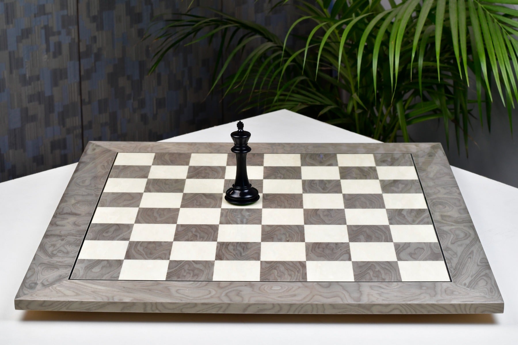 Grey ash burl veneer chess board, close detail of the burl figure