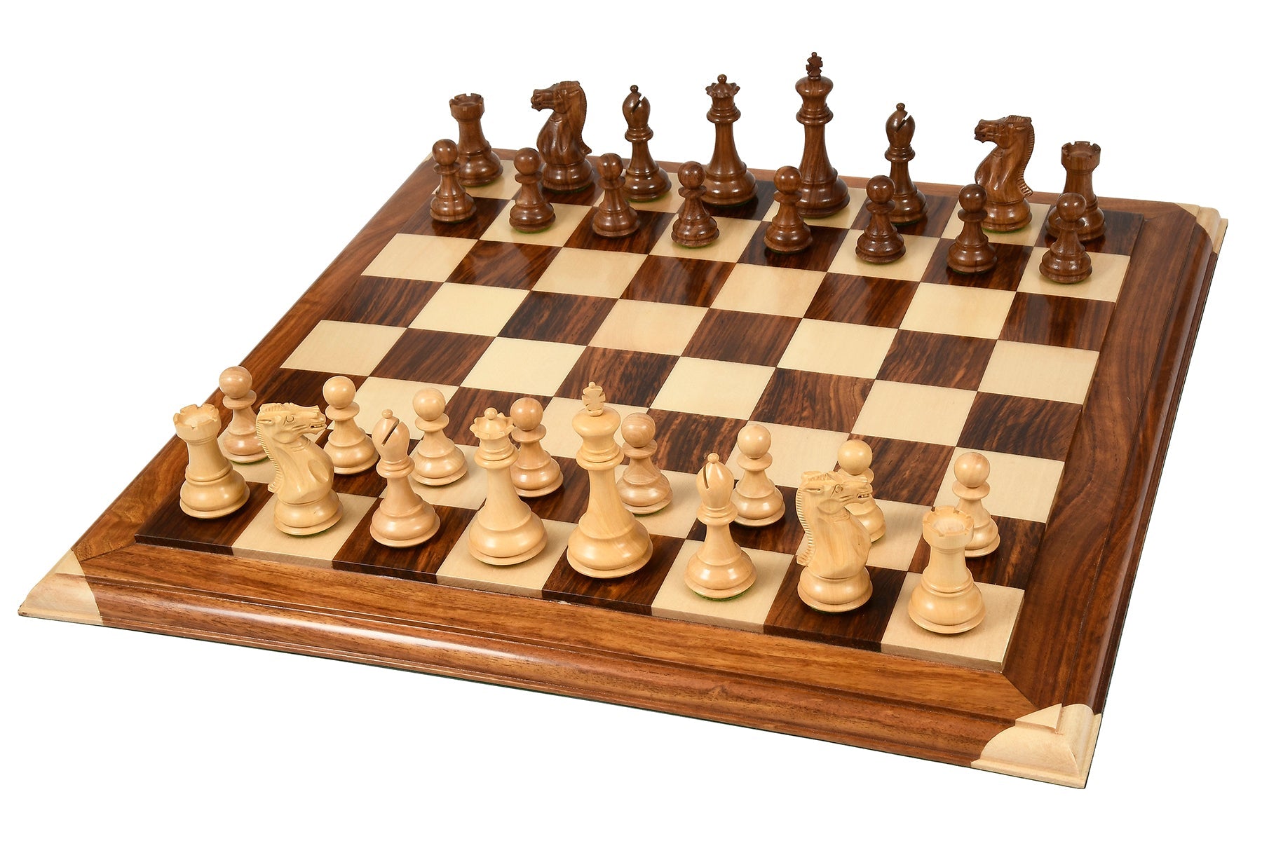 Knight carving detail on the Desert Gold Staunton chess pieces in sheesham and natural boxwood