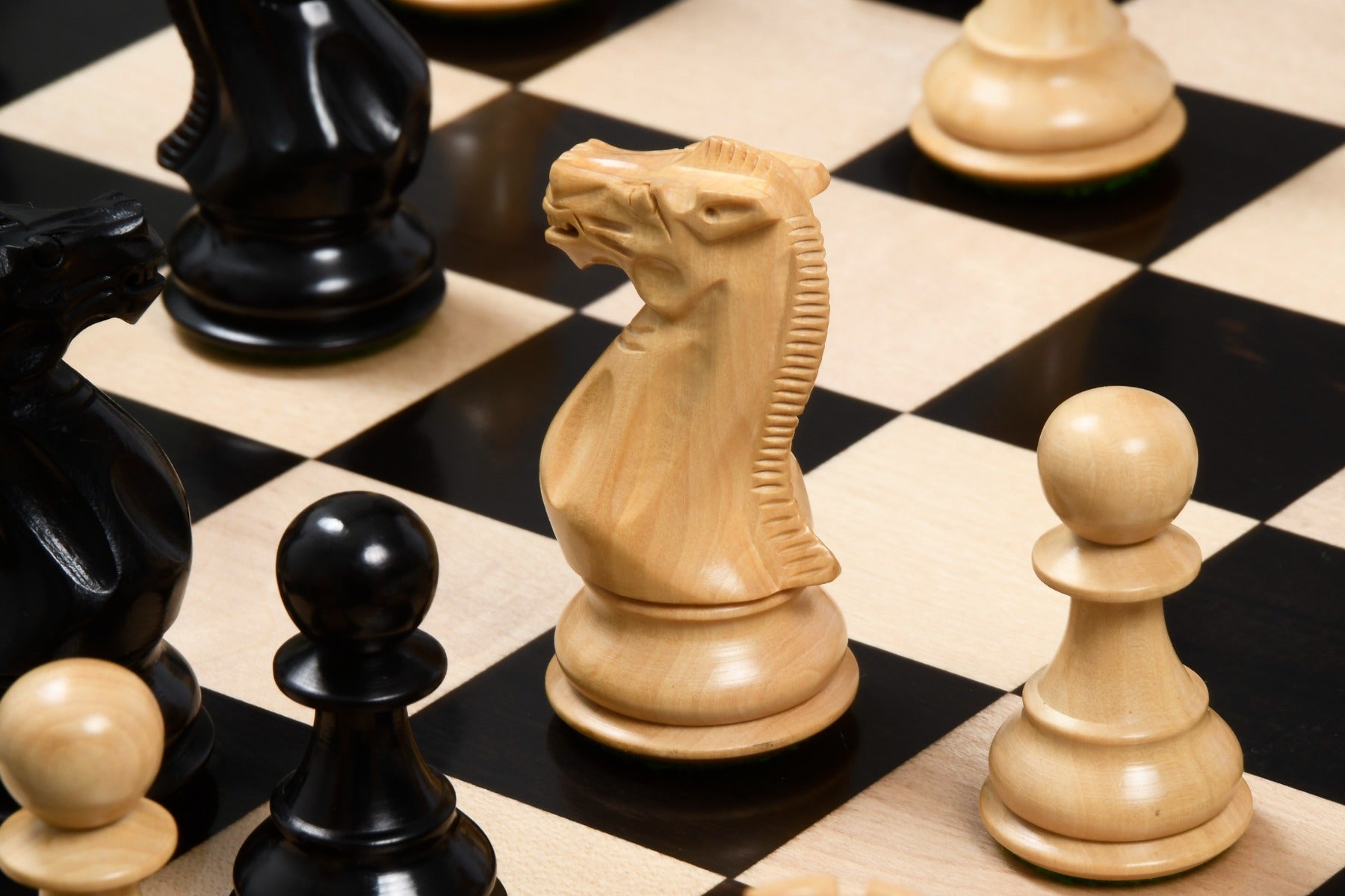Desert Gold Staunton wooden chess pieces, 100mm king, Ebonised finish