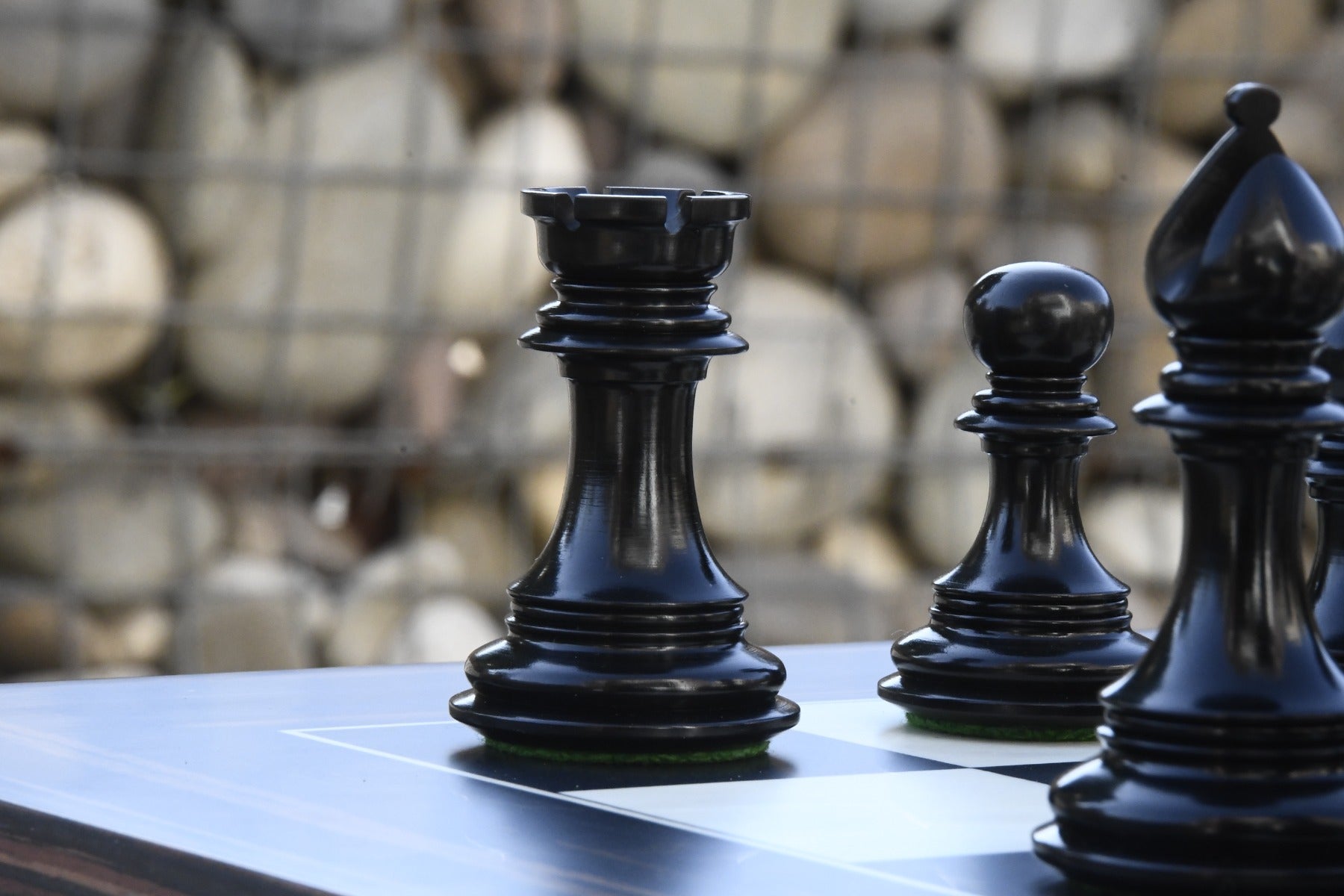Full Arabian Knight Artisan Staunton chess set with its 60cm black anigre and maple board, Sterling Chess Australia