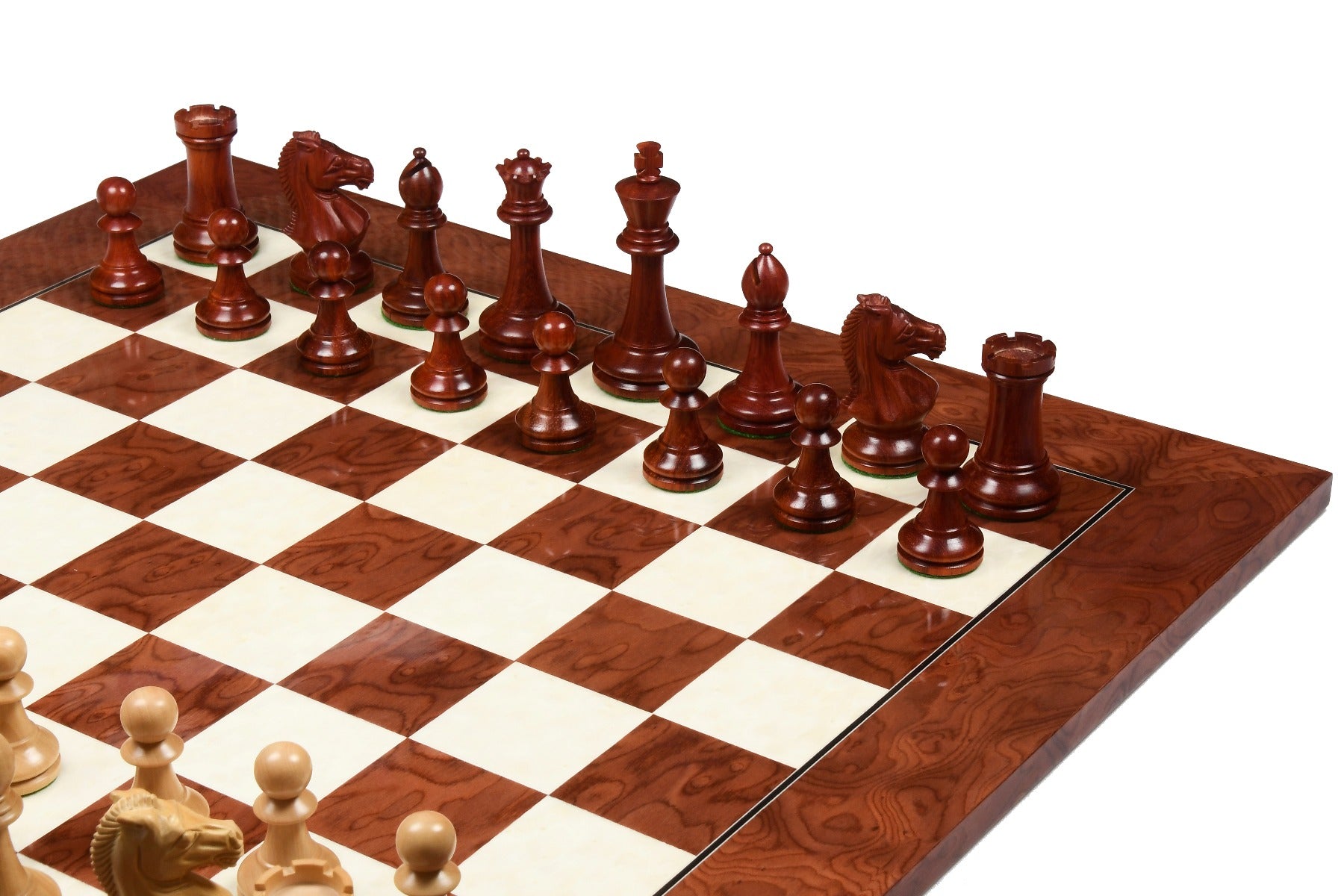 Bud rosewood chess pieces set up for play on the included 55cm red ash burl and maple board