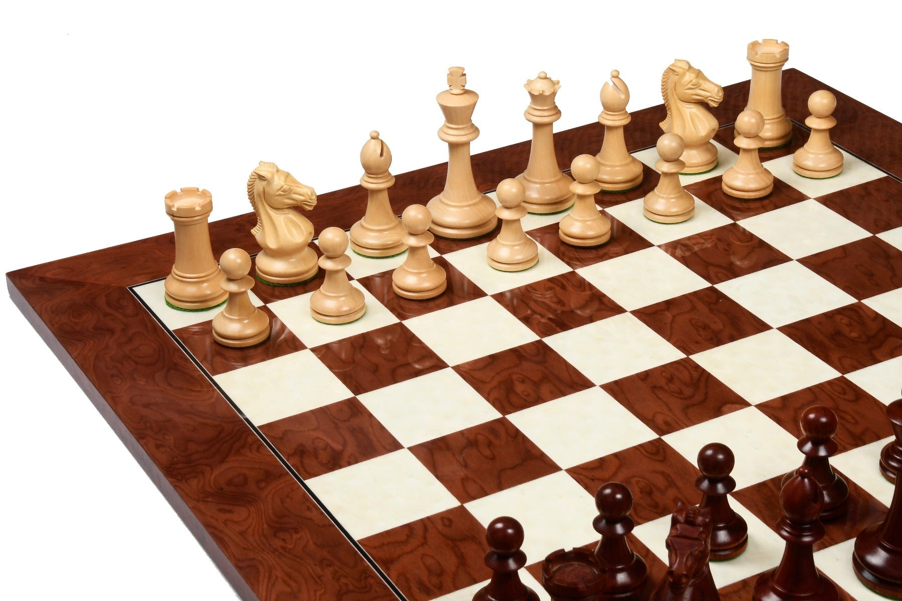 Knight carving detail on the GM Blitz Edition Staunton chess set in bud rosewood and boxwood