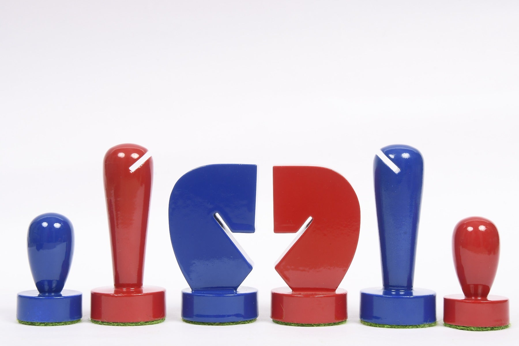 Berliner Minimalist red and blue chess pieces, weighted with felted bases