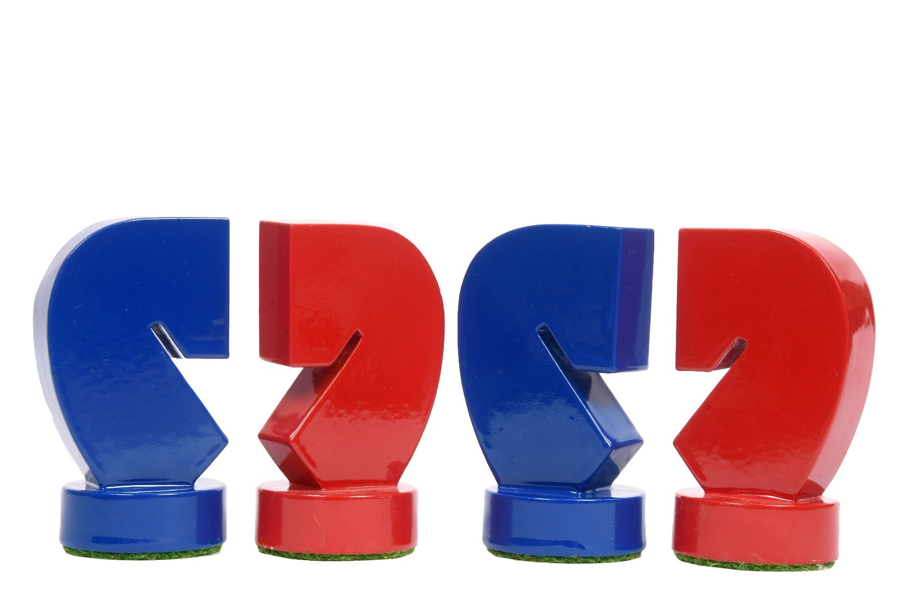 Turned minimalist chess pieces in red and blue paint, 95mm king