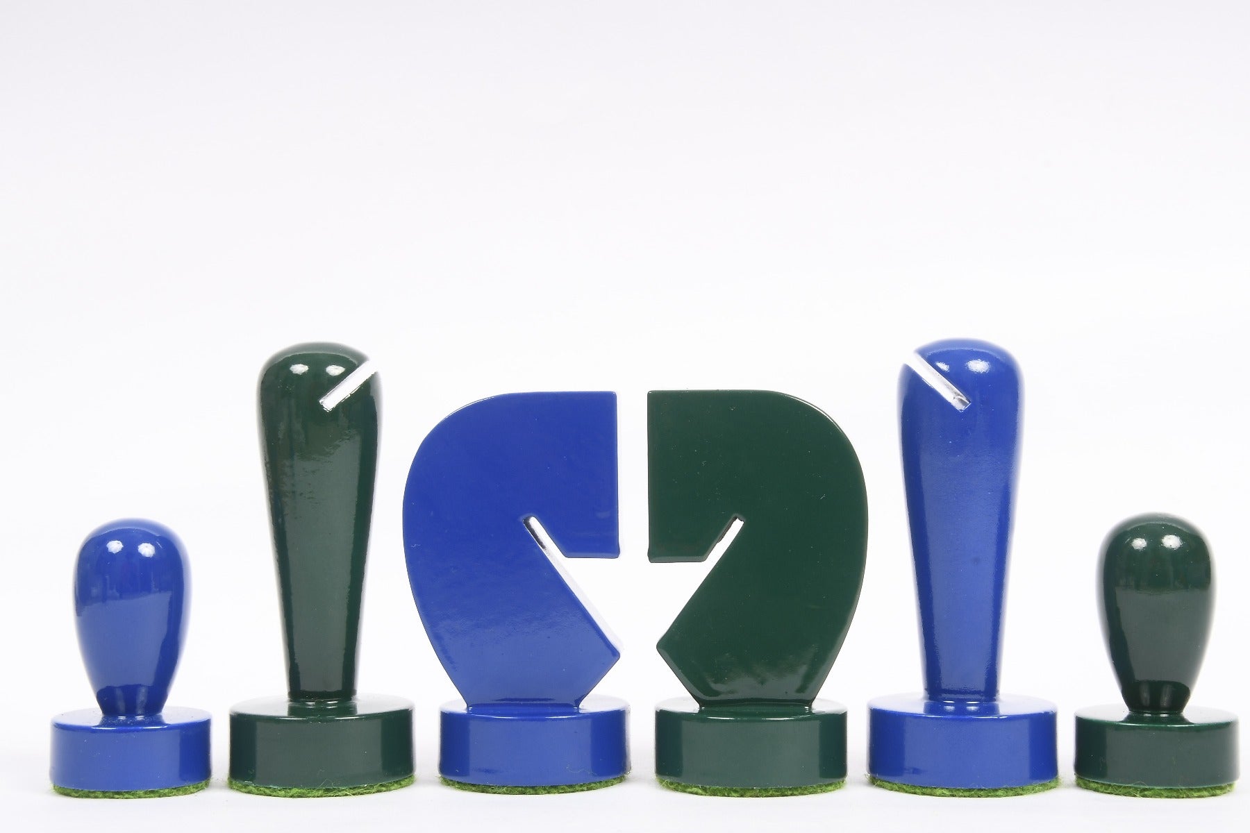 Berliner Minimalist blue and green chess pieces, weighted with felted bases