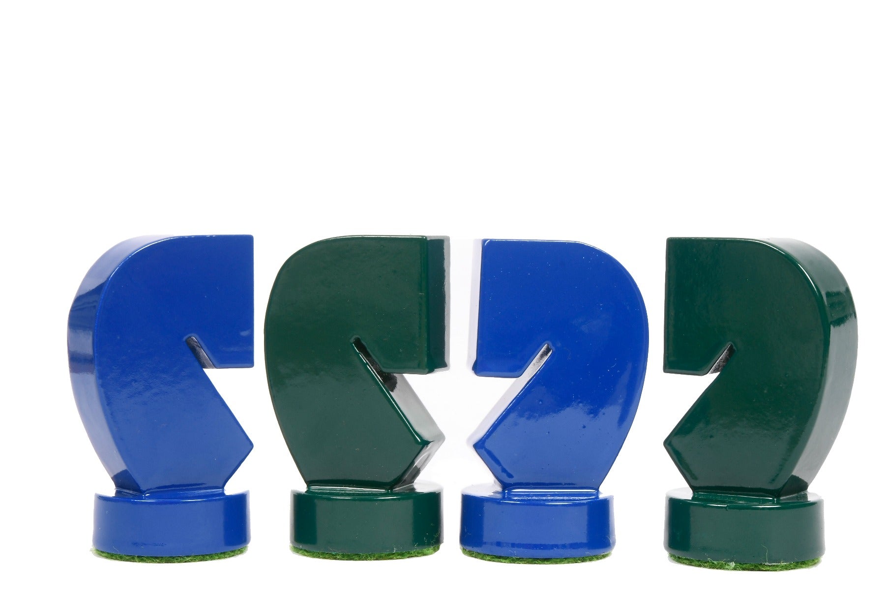 Turned minimalist chess pieces in blue and green paint, 95mm king