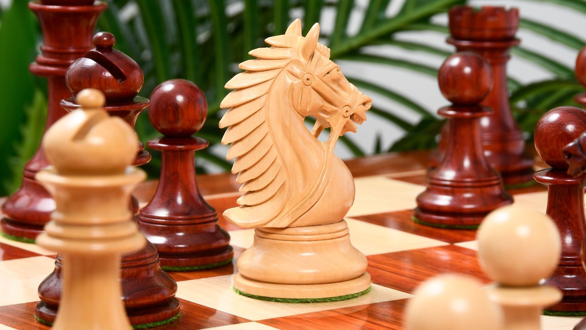 Full CB Bridle Series Luxury chess set with its 58cm bud rosewood and maple board, Sterling Chess Australia