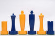 Turned minimalist chess pieces in blue and yellow paint, 95mm king