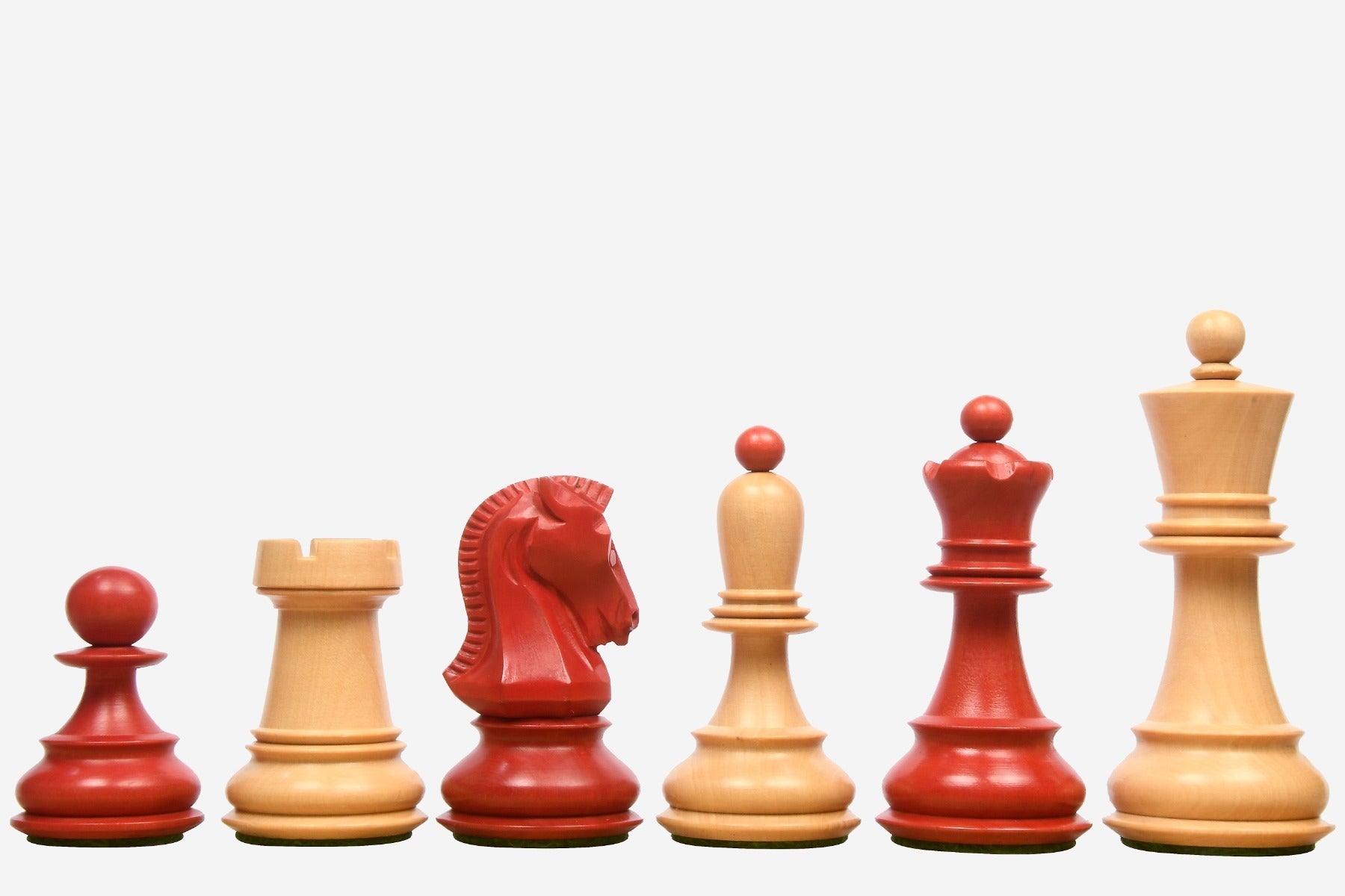 Reproduction 1950 Dubrovnik stained crimson boxwood chess pieces with a 94mm king