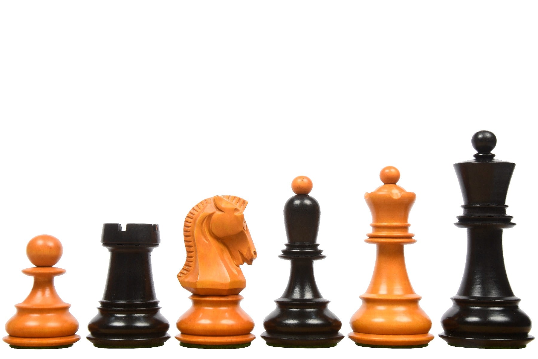 Reproduction 1950 Dubrovnik ebonised antiqued boxwood chess pieces with 94mm king