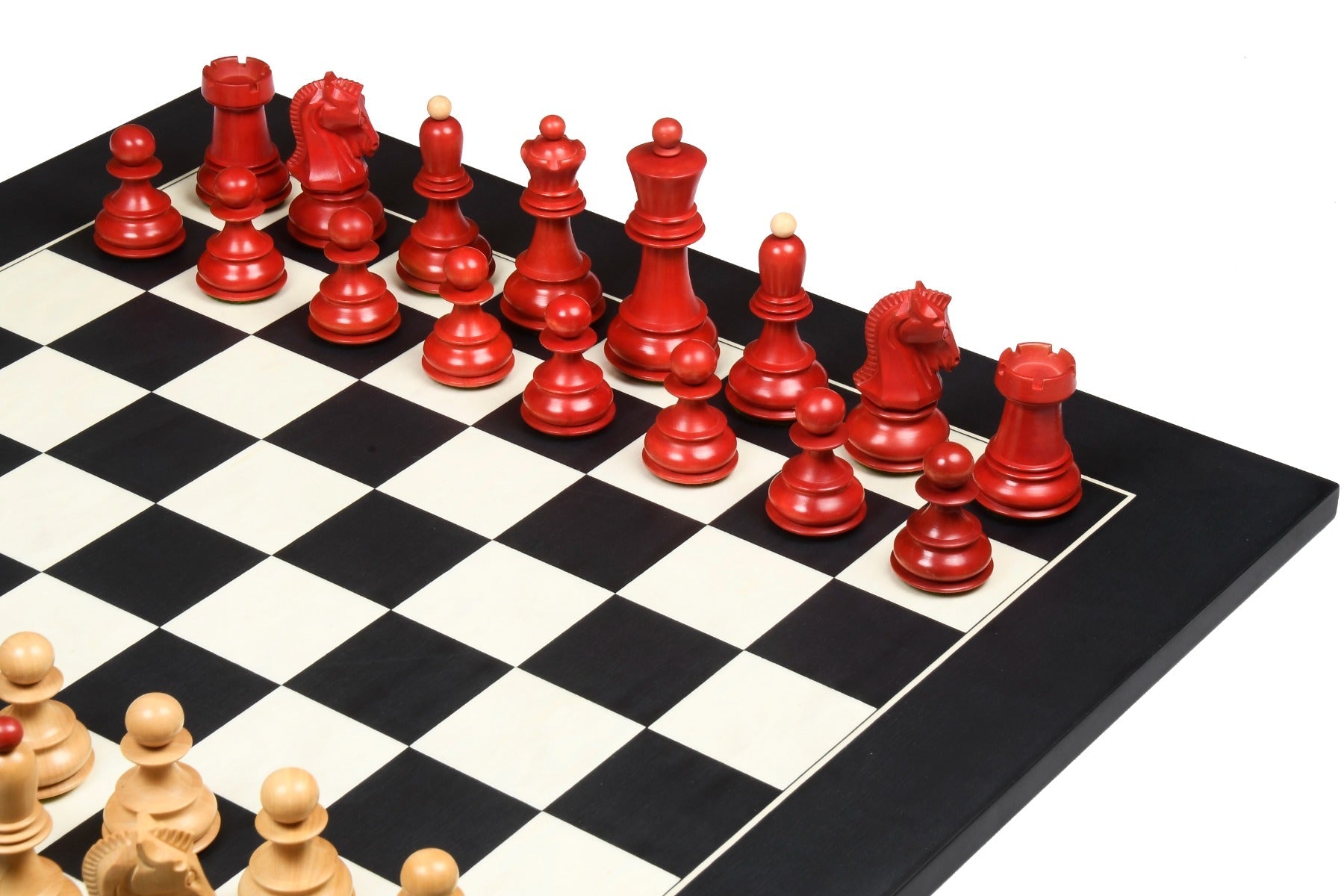 Stained crimson Dubrovnik chessmen, double weighted with felt bases