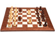Bud rosewood chess pieces set up for play on the included 55cm red ash burl and maple board