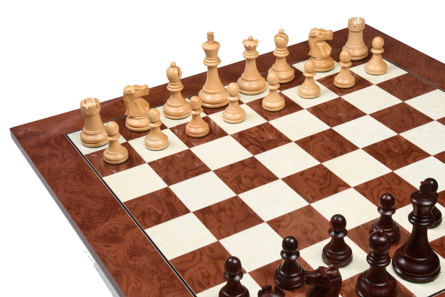 Knight carving detail on the 1972 Fischer Spassky Low Knight chess set in bud rosewood and boxwood