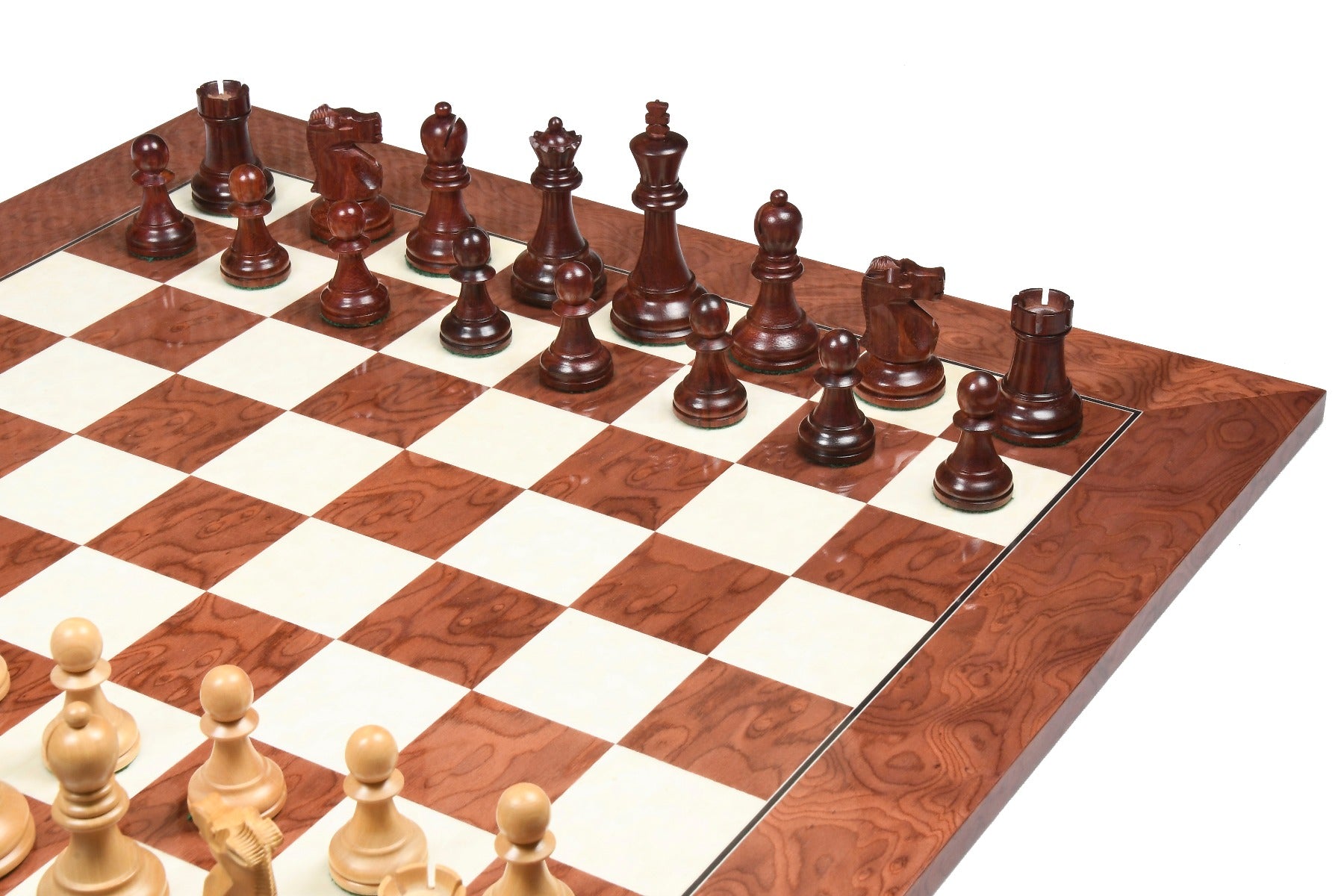 1972 Fischer Spassky Low Knight chess set at 96mm, Bud rosewood pieces with the included board