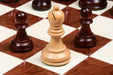 Full 1972 Fischer Spassky Low Knight chess set with its 55cm red ash burl and maple board, from Sterling Chess