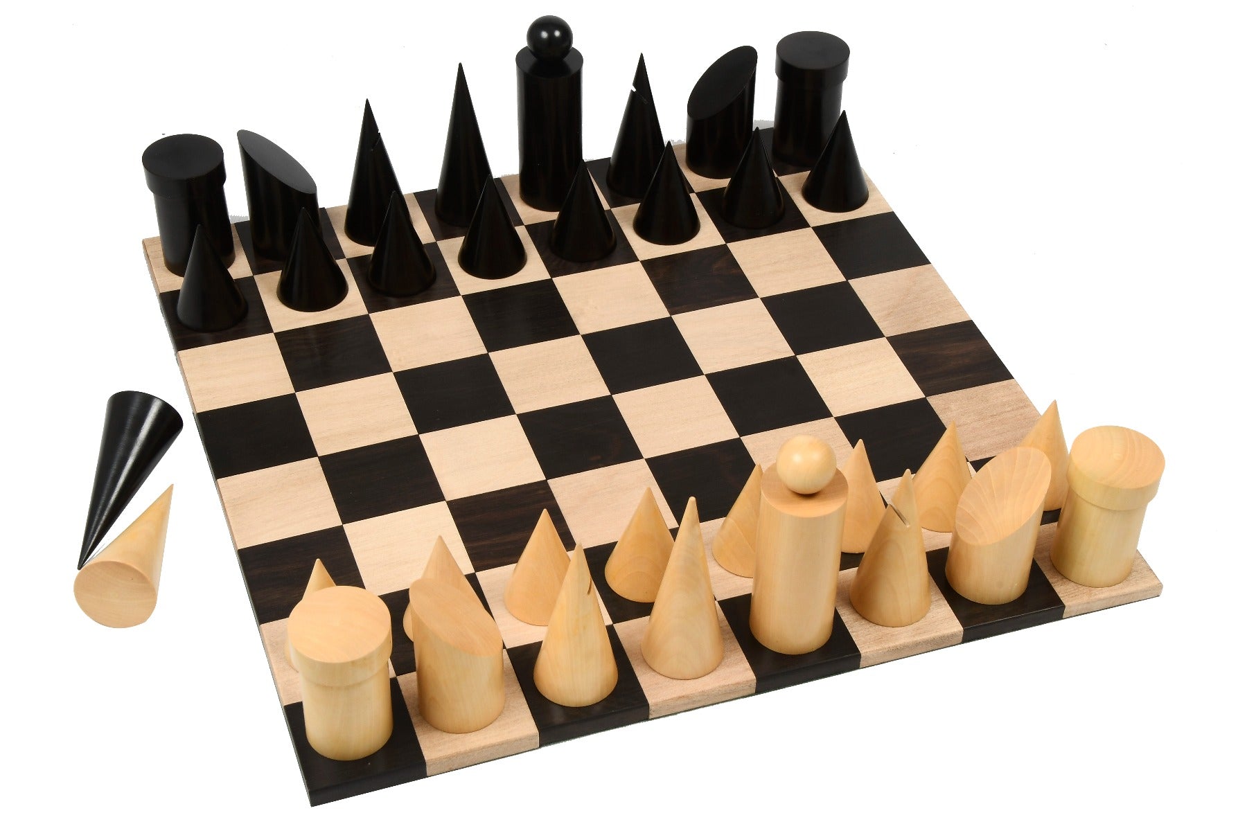 Knight carving detail on the Geometric Minimalist chess pieces in ebonised and natural boxwood