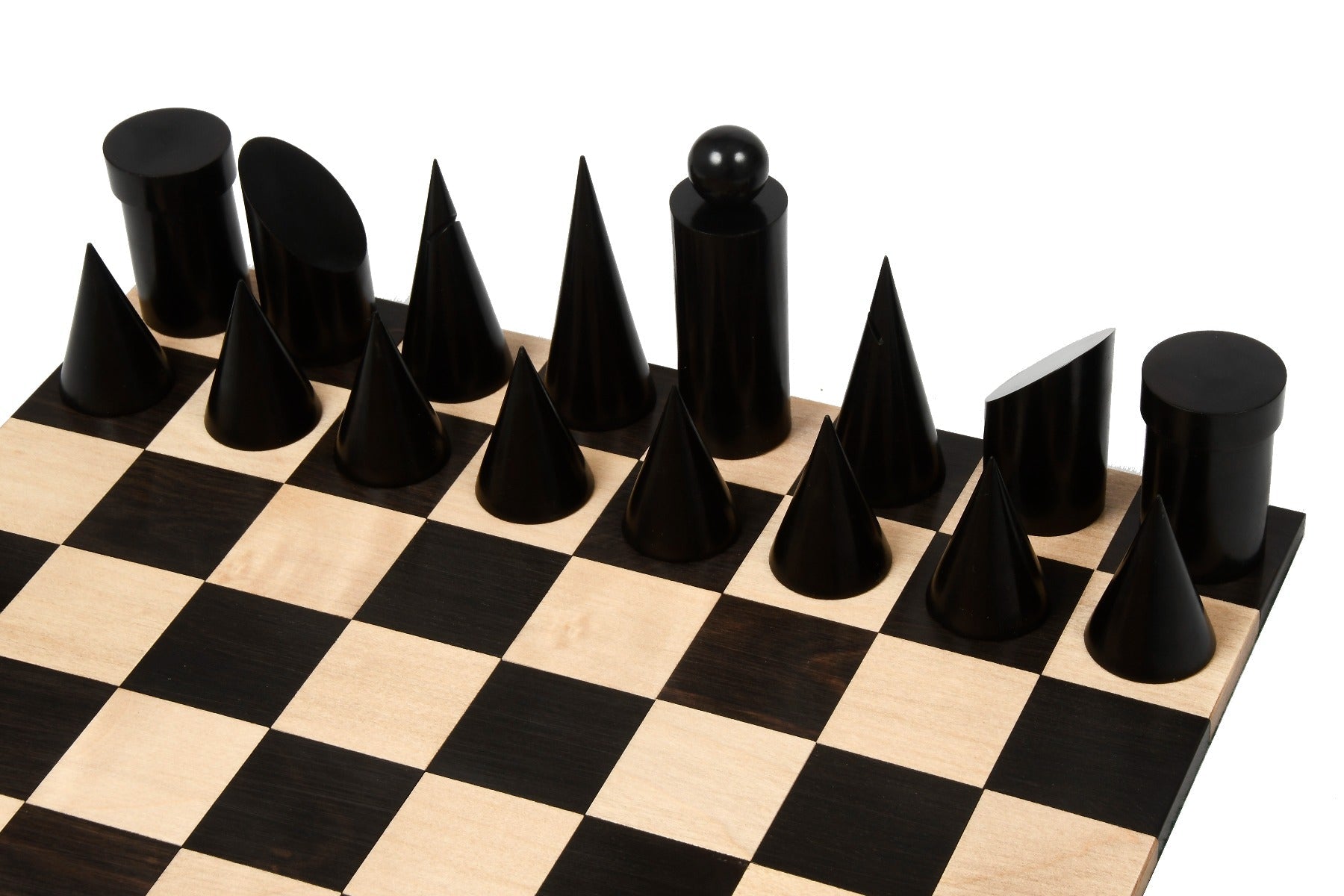 Full 34 piece Geometric Minimalist chess pieces in ebonised and natural boxwood, Sterling Chess Australia