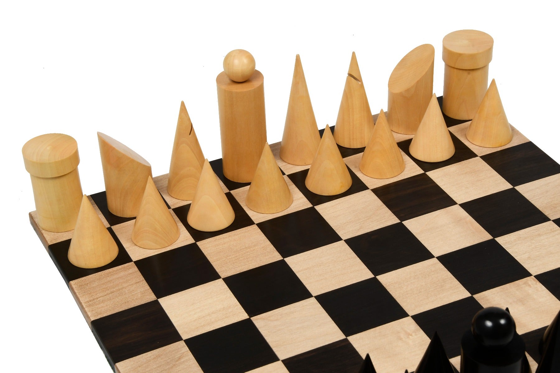 Geometric Minimalist wooden chess pieces, 88mm king, Ebonised finish