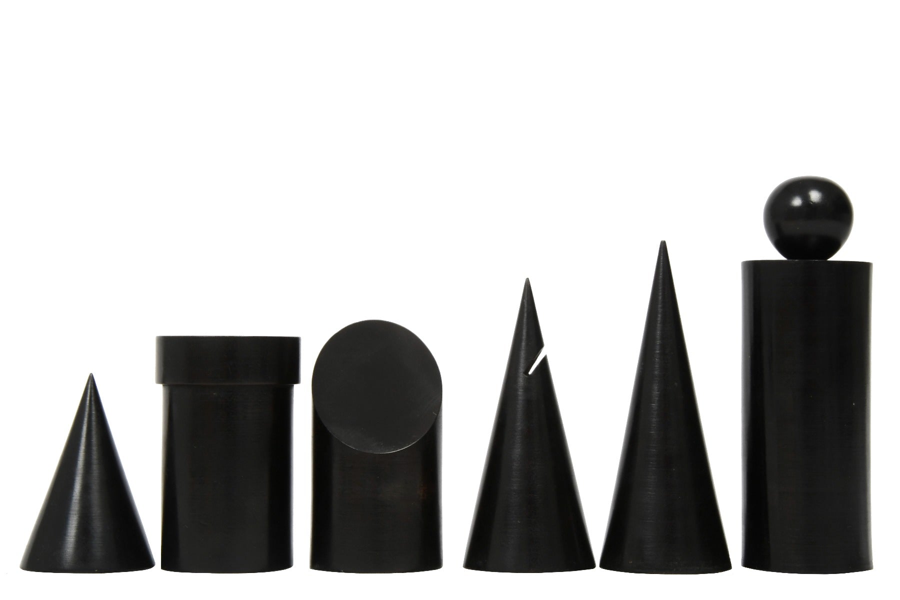 Geometric Minimalist chess pieces, ebonised and natural boxwood, hand carved in India
