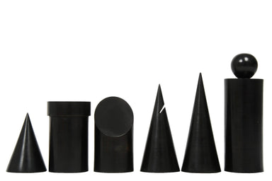 Geometric Minimalist chess pieces, ebonised and natural boxwood, hand carved in India