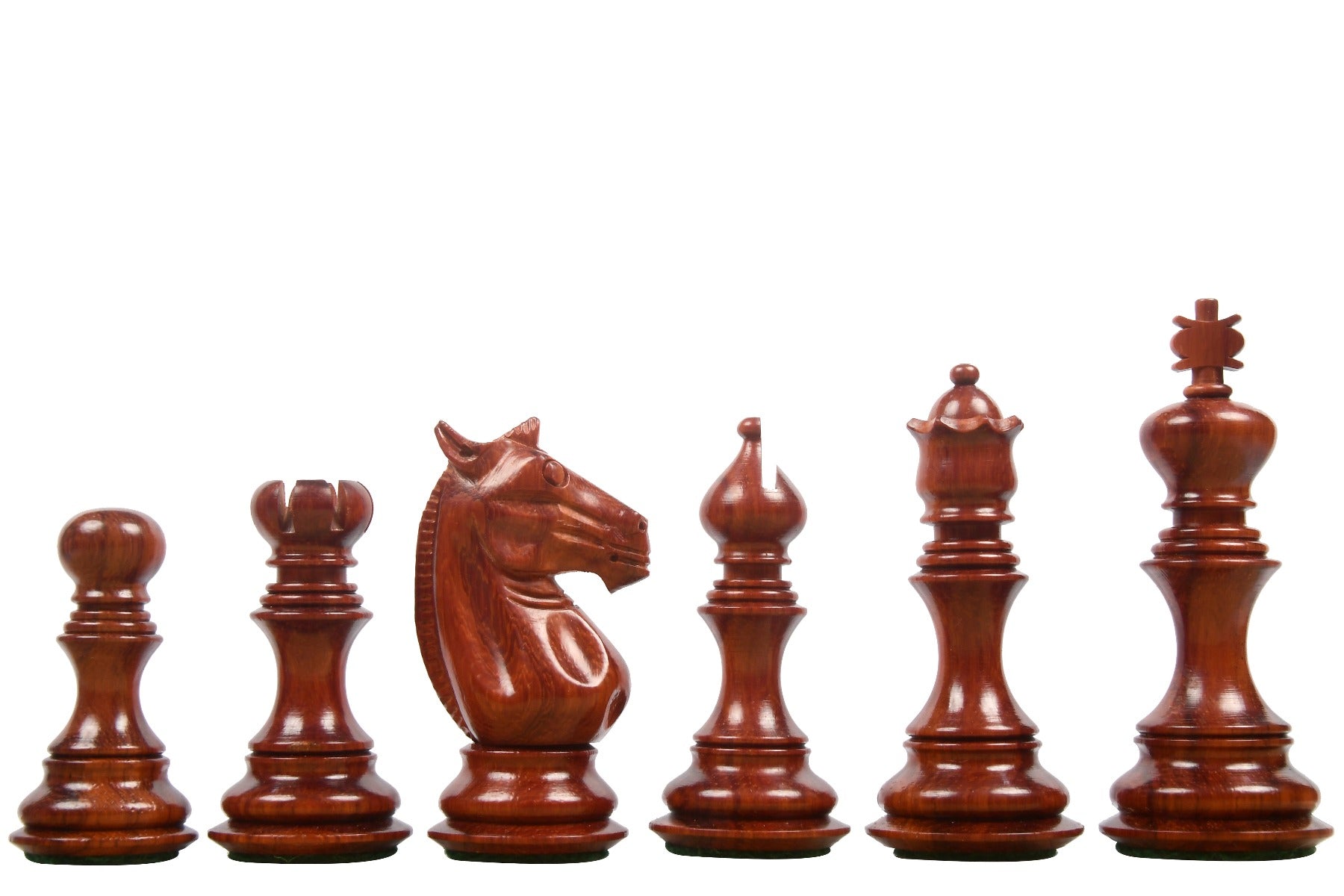 Meghdoot Staunton chess pieces, bud rosewood and boxwood, hand carved in India