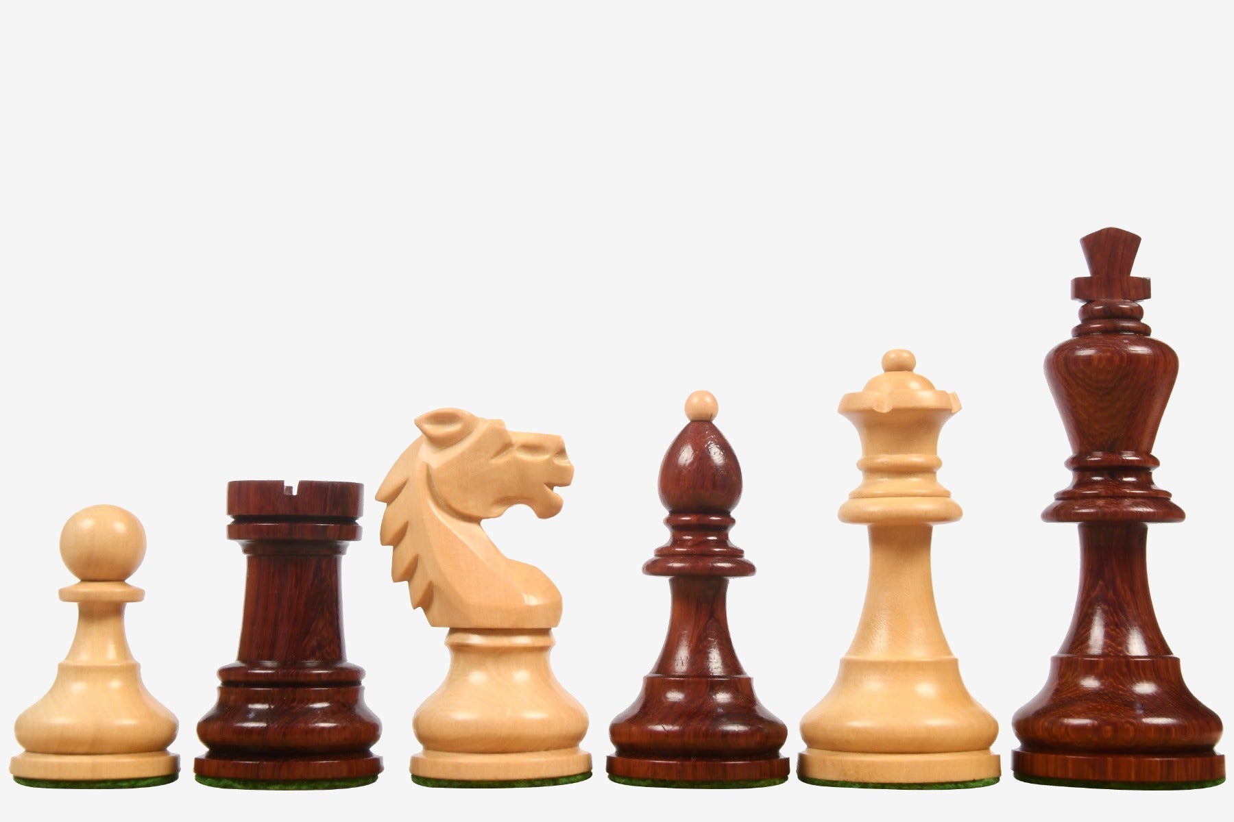 Sterling Chess 1950s Bohemia German chess pieces in bud rosewood and natural boxwood, 99mm king