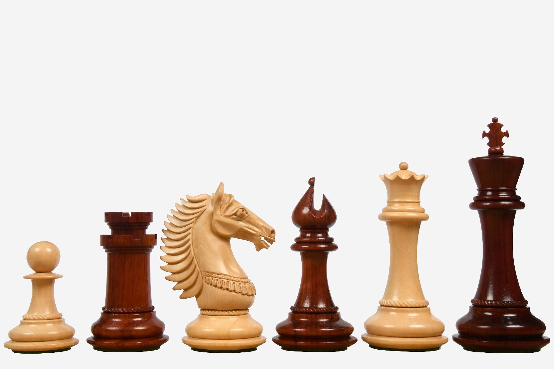 Sterling Chess CB Mustang Series chess pieces in bud rosewood and boxwood, 113mm king