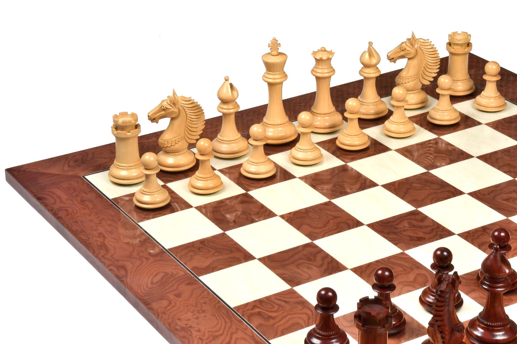 CB Mustang Series chess pieces, bud rosewood and boxwood, hand carved in India