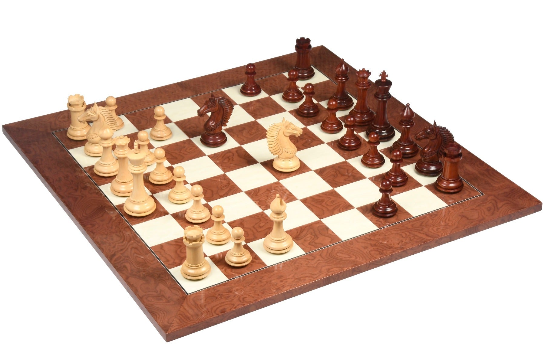 Knight carving detail on the CB Mustang Series chess pieces in bud rosewood and boxwood