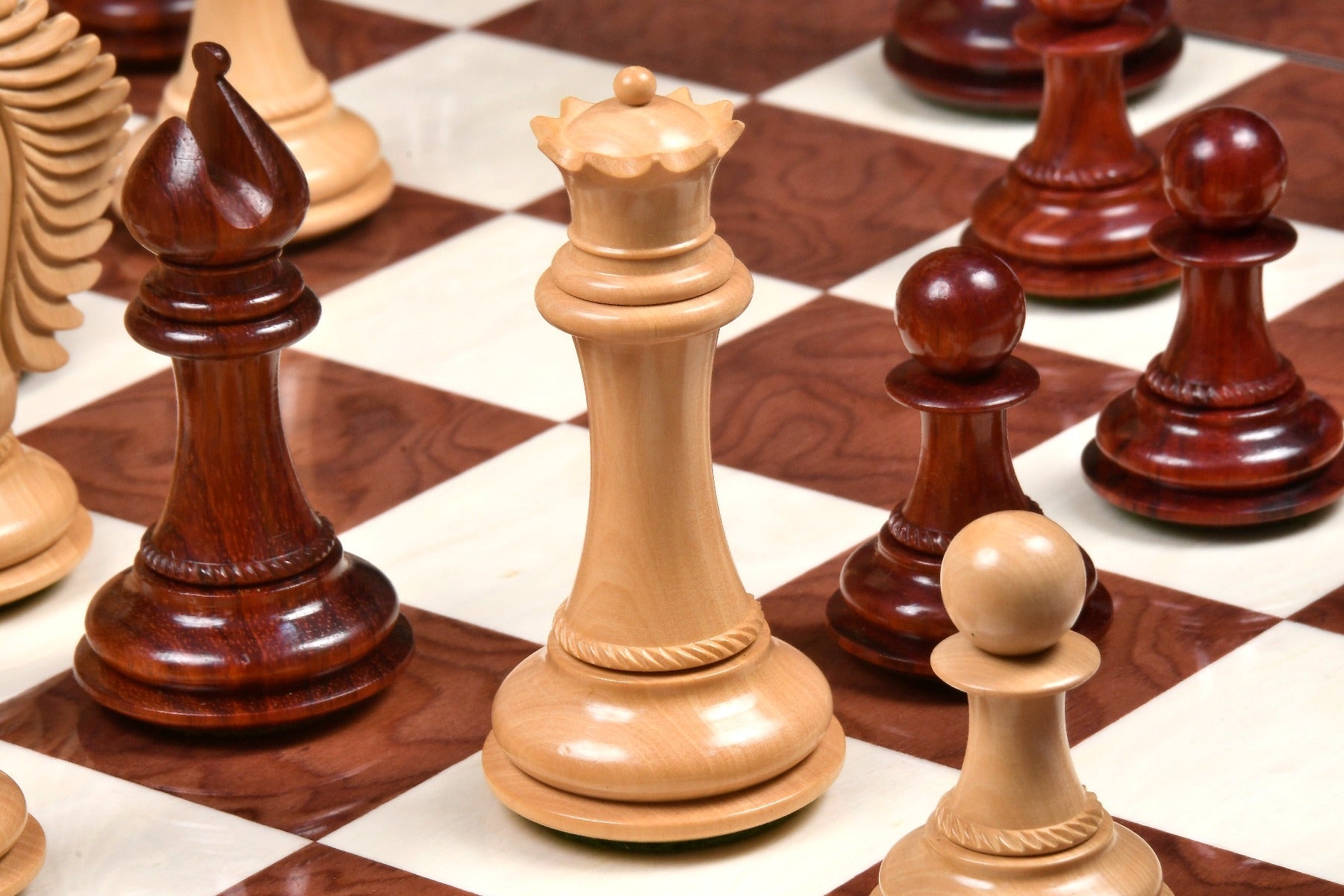 Full 34 piece CB Mustang Series chess pieces in bud rosewood and boxwood, Sterling Chess Australia