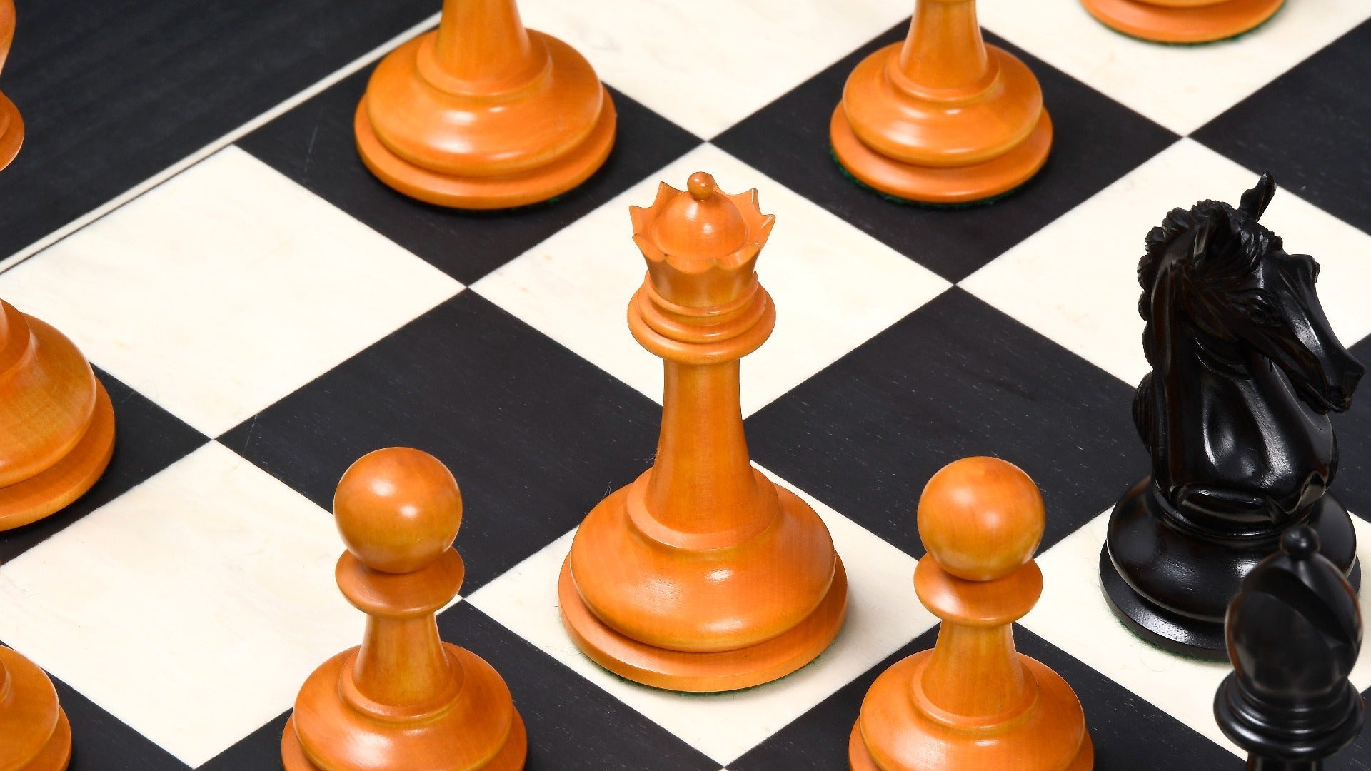 Knight carving detail on the Ancient Indian Warrior chess set in genuine ebony and antiqued boxwood