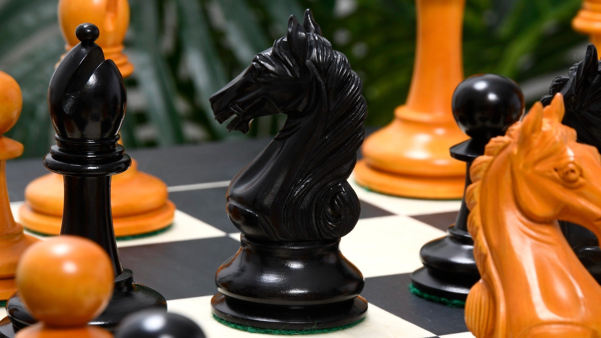 Full Ancient Indian Warrior chess set with its 60cm black anigre and maple board, from Sterling Chess