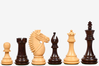 Sterling Chess Bridle Knight Series chess pieces in rosewood and boxwood, 103mm king