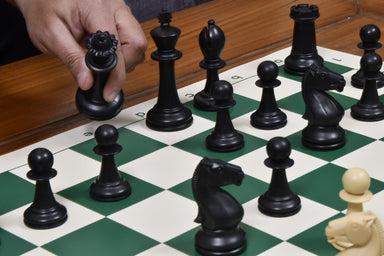 Player Series tournament plastic chess pieces, black and natural white plastic, 97mm king